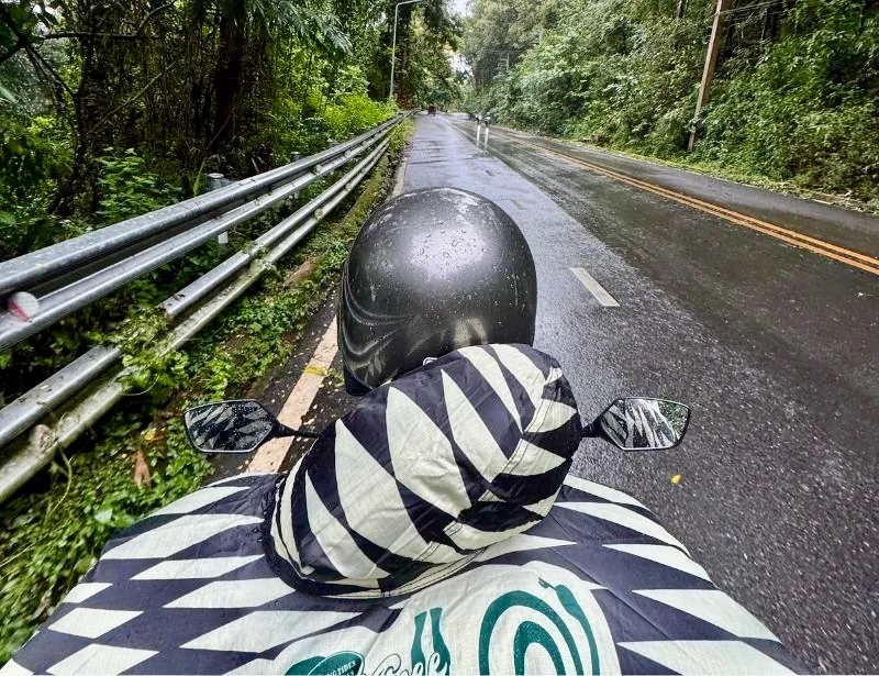 Riding a motorbike in the pouring rain
